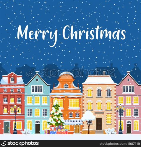happy new year and merry Christmas winter old town street concept for greeting and postal card, invitation, template. Vector illustration in flat style. Merry Christmas and a Happy New Year