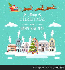 happy new year and merry Christmas winter old town street Santa Claus with deers in sky above the city. concept for greeting and postal card, invitation, template. Vector illustration in flat style. Merry Christmas and a Happy New Year