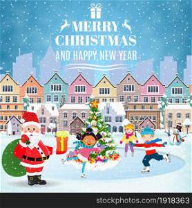 happy new year and merry Christmas winter old town street with christmas tree and Santa Claus with gift bag. concept for greeting and postal card, invitation, template,. Christmas postcard with vintage street