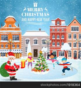 happy new year and merry Christmas winter old town street with christmas tree and Santa Claus with gift bag. concept for greeting and postal card, invitation, template,. Christmas postcard with vintage street