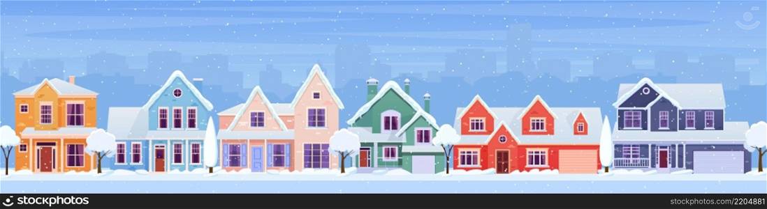 happy new year and merry Christmas winter town street. cartoon winter landscape street with snow on roofs. Vector illustration in flat style. happy new year and merry Christmas