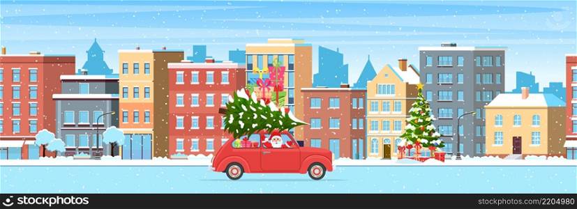 happy new year and merry Christmas winter town street. Christmas landscape card design of retro car with giftbox and christmas tree on the top. Vector illustration. Christmas card design of car with tree on the top