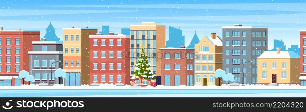happy new year and merry Christmas winter town street. christmas town city panorama. city building houses winter street cityscape background. Vector illustration in flat style. city building houses winter street cityscape