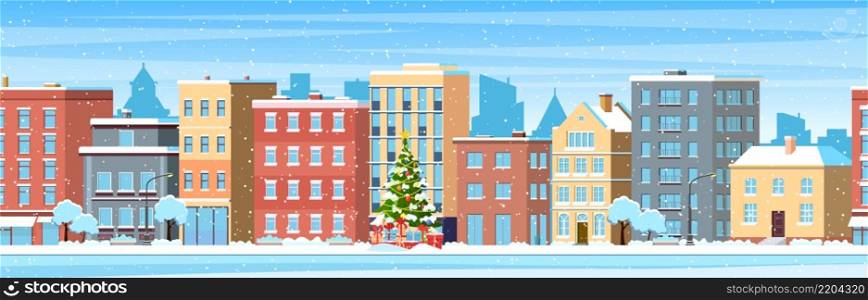 happy new year and merry Christmas winter town street. christmas town city panorama. city building houses winter street cityscape background. Vector illustration in flat style. city building houses winter street cityscape