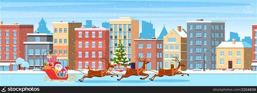 happy new year and merry Christmas winter town street. christmas town city panorama. Santa Claus with deers. Vector illustration in flat style. city building houses winter street cityscape