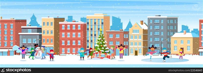 happy new year and merry Christmas winter town street. christmas town city panorama. Children building snowman. Winter scene with skating children. Vector illustration in flat style. city building houses winter street cityscape
