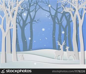Happy new year and Merry Christmas with deer family in winter season,paper art and craft design on pastel background,vector illustration