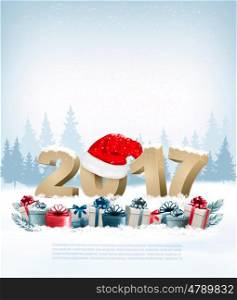 Happy new year background with a 2017 and a gift boxes. Vector.