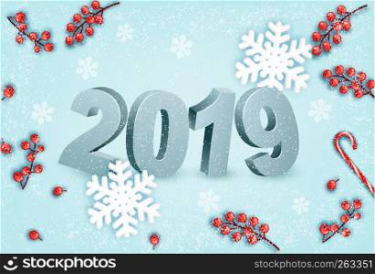 Happy New Year background with a 2019 and snowflakes. Vector.