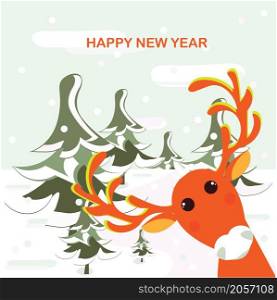 Happy New Year banner. Orange cartoons deer in fir forest art flat design stock vector illustration