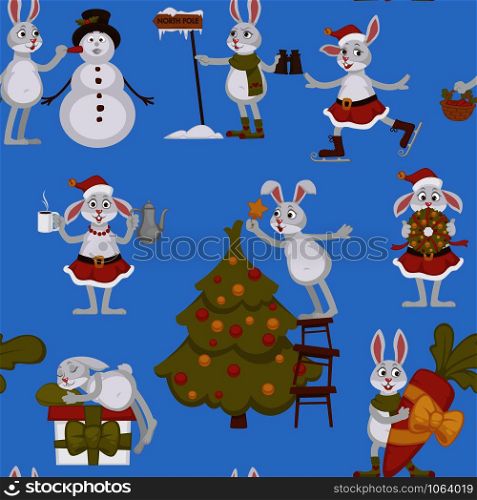 Happy New Year, bunny decorating Christmas tree seamless pattern isolated on blue background vector. Rabbit searching for north pole, building snowman. Hare male caring for big carrot for winter. Happy New Year, bunny decorating Christmas tree seamless pattern