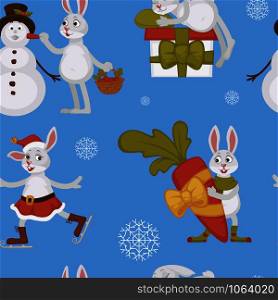Happy New Year, bunny decorating Christmas tree seamless pattern isolated on blue background vector. Rabbit searching for north pole, building snowman. Hare male caring for big carrot for winter. Happy New Year, bunny decorating Christmas tree seamless pattern isolated on blue background vector.