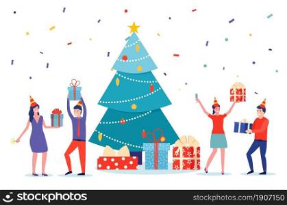 Happy New Year business card. Happy people in santa hat toasting champagne with confetti. Vector illustration in flat style. Happy New Year greeting card.