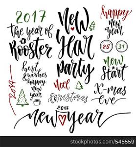 Happy New Year calligraphic set. Vector illustration with handwriting celebration quotes for Christmas decorations. Greeting card design with brushpen lettering. Happy New Year calligraphic set. Vector illustration with handwriting celebration quotes for Christmas decorations. Greeting card design