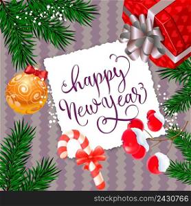 Happy New Year calligraphy on paper with gift, bauble, fir branches, candy cane and mistletoe. Celebration, invitation, festivity. Holiday concept. Can be used for greeting card, postcard, brochure