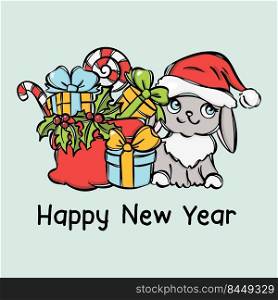 HAPPY NEW YEAR CARD Cute Rabbit In Santa Hat Gifts Vector