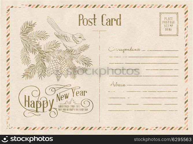 Happy new year card with bird, candles and spruce. Vector illustration.