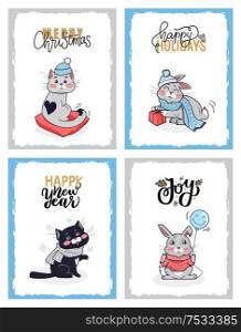 Happy New Year cards with greetings from winter animals. Vector clipart of rabbit with blue balloon, bunny with red gift box and black cat in grey scarf.. Happy New Year Cards, Greetings from Winter Animals