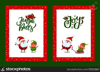 Happy New Year Cards with Santa Singing Carols. Vector cartoon characters Father Christmas and Elf singing Jingle Bells song and sending holiday spirit. Happy New Year Cards with Santa Singing Carols
