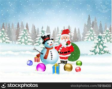Happy New Year Celebration, Christmas Landscape, Winter Background Design, Santa Claus with gift bag, snowman and balls, Greeting Card Template. Happy New Year Celebration,