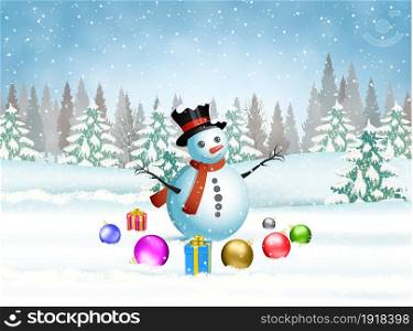 Happy New Year Celebration, Christmas Landscape, Winter Background Design, snowman and balls, Greeting Card Template. Vector illustration. Happy New Year Celebration,