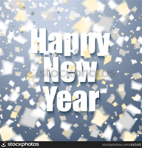 Happy New Year celebration greeting card with flying golden and white confetti, some are out of focus