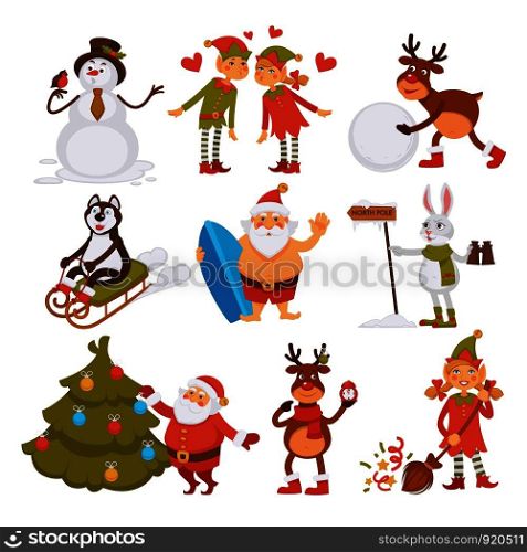 Happy New Year characters resting at beach, Santa Claus and rabbit vector. Haski dog and elf helper with girl in love, preparation for winter holiday. Old Nicolaus pine tree and snowman sunbathing. Happy New Year characters resting at beach, Santa Claus and rabbit vector.