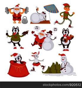 Happy New Year characters resting at beach, Santa Claus and rabbit vector. Haski dog and elf helper with girl in love, preparation for winter holiday. Old Nicolaus pine tree and snowman sunbathing. Happy New Year characters resting at beach, Santa Claus and rabbit vector.