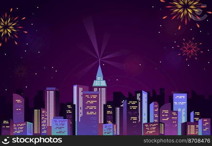 Happy New Year City Building Cityscape Fireworks Party