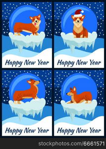 Happy New Year congratulations from cute corgi on set of four bright posters. Vector illustration with happy dog in red Santa’s hat on snowy background. Happy New Year Congratulations from Cute Corgi