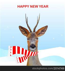 Happy New Year cute deer on snow landscape background banner, Christmas card art design elements stock vector illustration