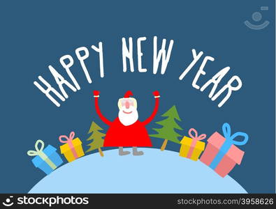 Happy new year. Cute Santa Claus with gift and Christmas tree. Vector greeting card for Christmas.&#xA;