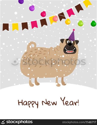 Happy New Year dog card, with snow and flag garlands, vector illustration. Happy New Year dog card