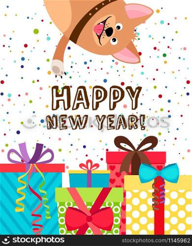 Happy new year dog invitation. Background with gift boxes, confetti and puppy vector illustration. Happy new year dog invitation