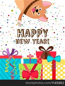 Happy new year dog invitation. Background with gift boxes, confetti and puppy vector illustration. Happy new year dog invitation