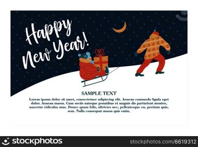 happy New Year. Father and child sledding hills with snow. The baby is holding a Christmas gift. Vector postcard with space for text.. happy New Year. Father and child sledding hills with snow. Vector postcard with space for text.