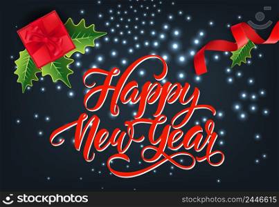 Happy New Year festive card design. Red gift box, mistletoe leaves and streamer on sparkling black background. Template can be used for banners, flyers, posters