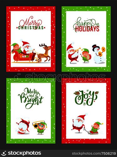 Happy New Year festive cards with cartoon Santa Claus, Elf, Snowman, Deer. Vector Christmas characters having fun, listening, playing music, dancing. Happy New Year Festive Cards with Cartoon Santa