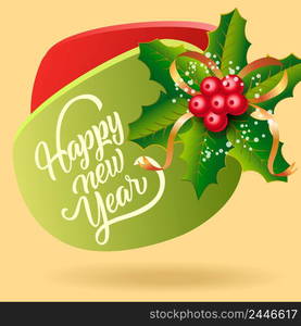 Happy New Year festive flyer design. Mistletoe berries and leaves with bow on yellow background. Template can be used for banners, posters, greeting cards