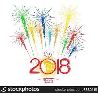 Happy new year fireworks 2018 holiday background design. Year of the dog