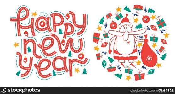 Happy new year. Funny Santa with a bag of gifts. Vector illustration on a white background.. Happy new year. Vector greeting card, banner on white background.
