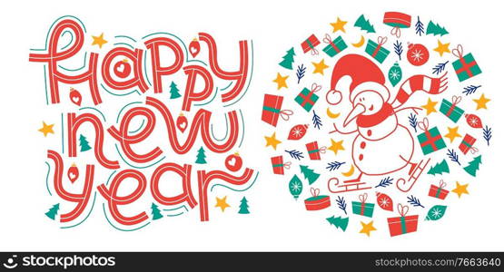 Happy new year. Funny snowman on skis. Vector illustration on a white background.. Happy new year. Vector greeting card, banner on white background.