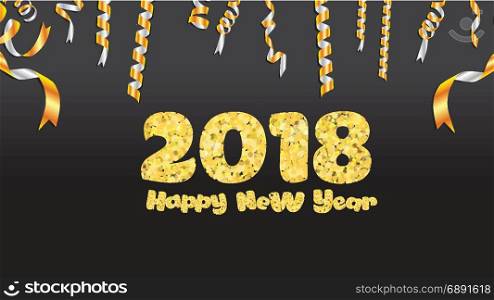 Happy new year. Gold glitter 2018. Golden text and confetti isolated on black background