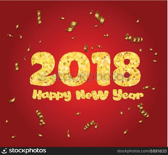 Happy new year. Gold glitter 2018. Golden text and confetti isolated on red background