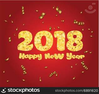 Happy new year. Gold glitter 2018. Golden text and confetti isolated on red background