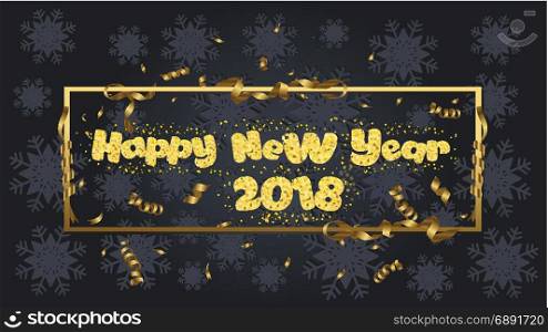 Happy new year. Gold glitter 2018. Golden text isolated on black background