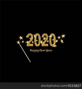 Happy New Year gold number 2020. Bright golden design with sparkle and Magic wand with 3d stars. Holiday glitter typography for Christmas banner, calendar, decoration, greeting card Vector illustration.. Happy New Year gold number 2020. Bright golden design with sparkle and Magic wand with 3d stars. Holiday glitter typography for Christmas banner, calendar, decoration, greeting card Vector illustration