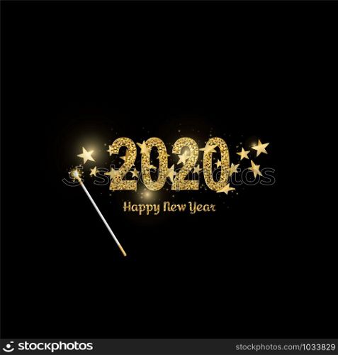 Happy New Year gold number 2020. Bright golden design with sparkle and Magic wand with 3d stars. Holiday glitter typography for Christmas banner, calendar, decoration, greeting card Vector illustration.. Happy New Year gold number 2020. Bright golden design with sparkle and Magic wand with 3d stars. Holiday glitter typography for Christmas banner, calendar, decoration, greeting card Vector illustration