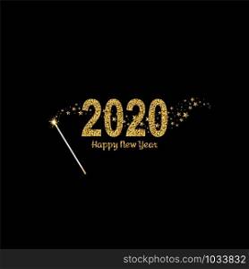 Happy New Year gold number 2020. Bright golden design with sparkle and Magic wand with stars. Holiday glitter typography for Christmas banner, calendar, decoration, greeting card Vector illustration.. Happy New Year gold number 2020. Bright golden design with sparkle and Magic wand with stars. Holiday glitter typography for Christmas banner, calendar, decoration, greeting card Vector illustration