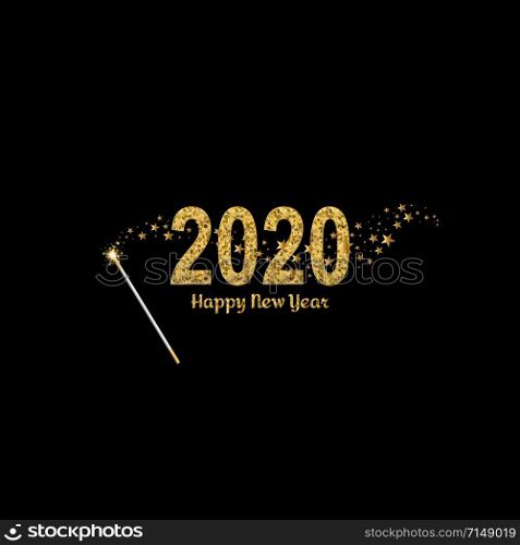 Happy New Year gold number 2020. Bright golden design with sparkle and Magic wand with stars. Holiday glitter typography for Christmas banner, calendar, decoration, greeting card Vector illustration.. Happy New Year gold number 2020. Bright golden design with sparkle and Magic wand with stars. Holiday glitter typography for Christmas banner, calendar, decoration, greeting card Vector illustration